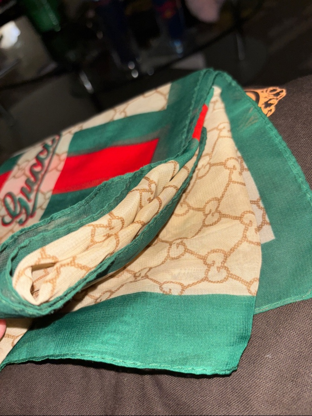 Gucci Beige Monogram Scarf with Red and Green Stripe - Picture 4 of 6
